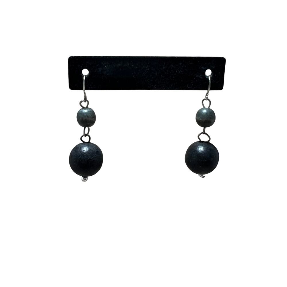 Black Wood Bead Dangle Earrings Silver Tone French Hook Boho Lightweight 2in